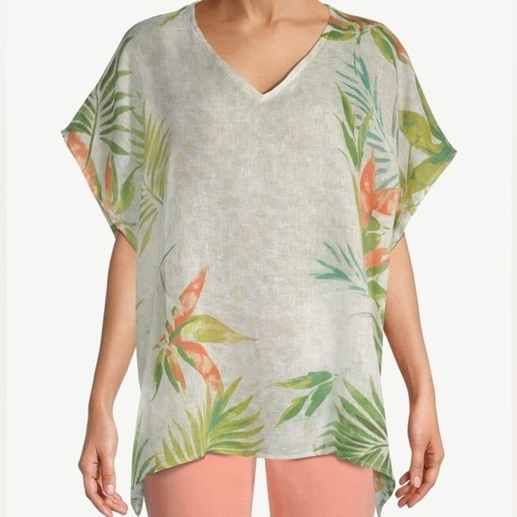 Chico’s Linen Tropical Palm Frond Printed Poncho Blouse Top S/M - Picture 1 of 13